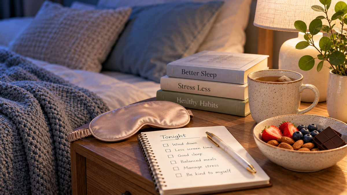 Quiet evening wellness scene representing sleep stress and cravings
