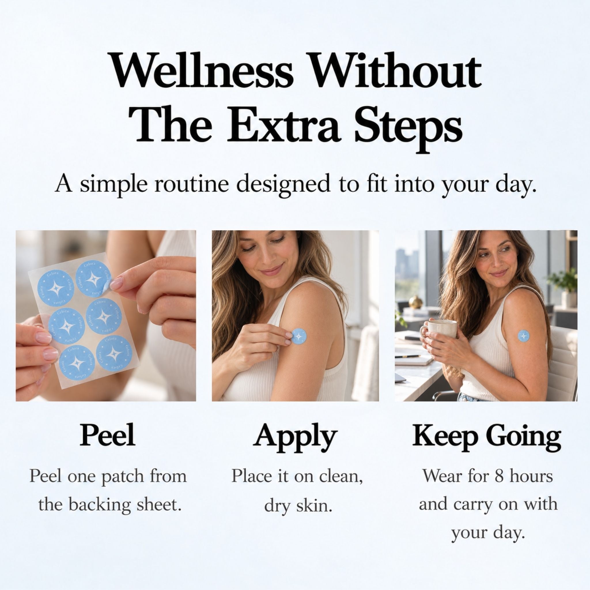 How to apply Celora Berberine Patches: peel, apply and wear for 8 hours