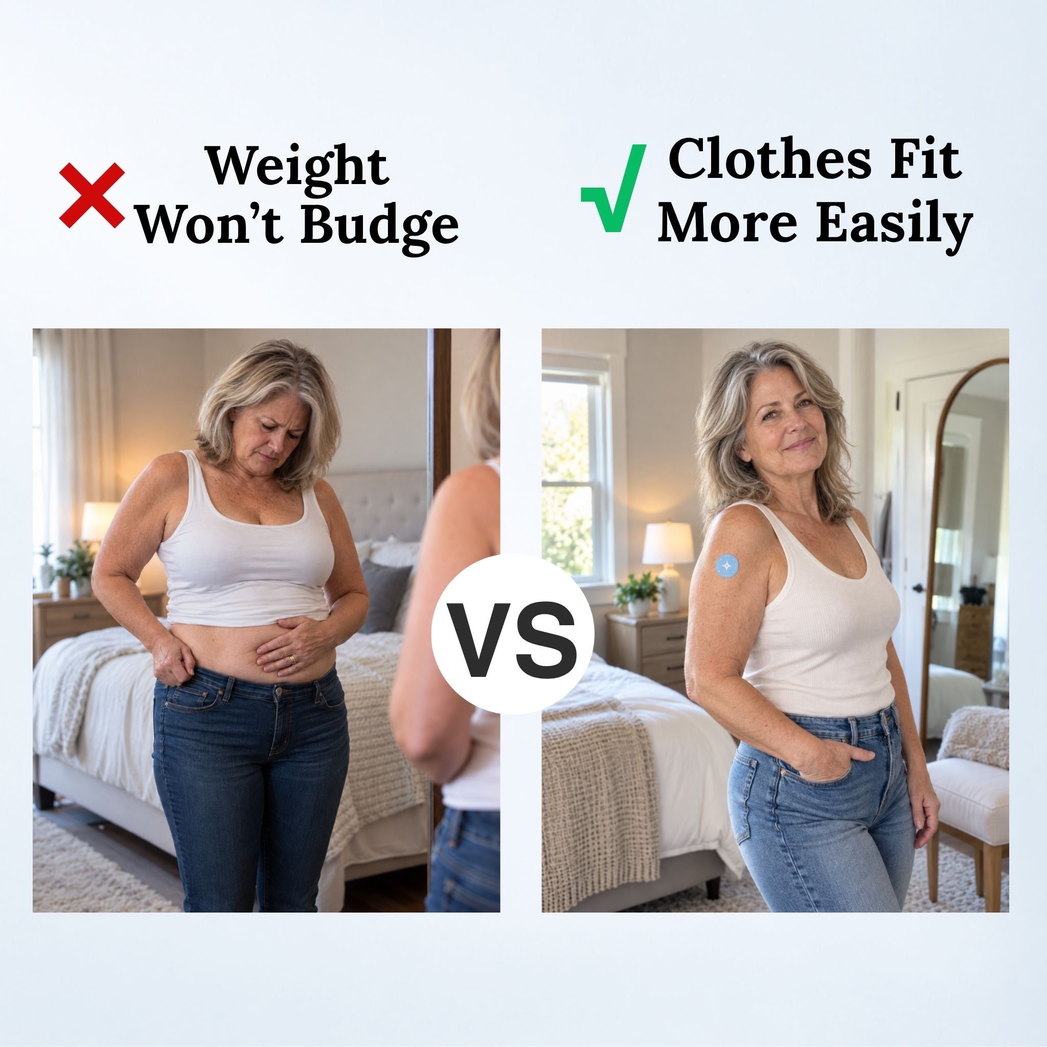 Side-by-side comparison of a woman struggling with weight and wearing a Celora Berberine Patch with clothes fitting more comfortably