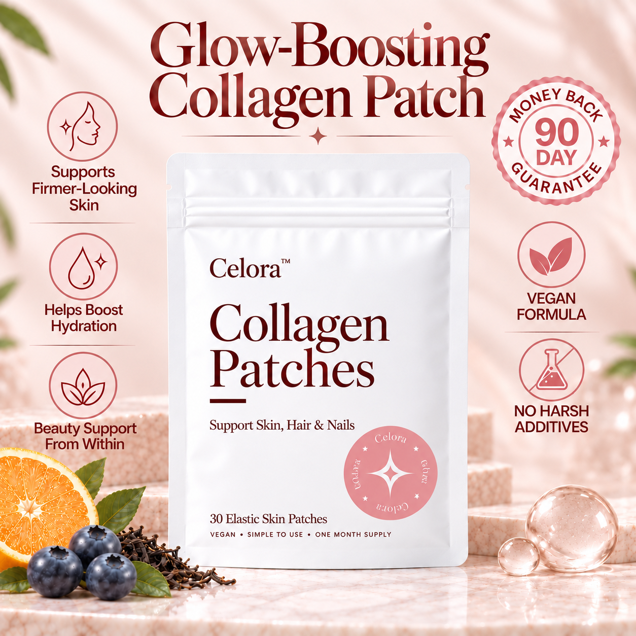 Celora Collagen Patches packaging with blueberry, citrus and botanical ingredients